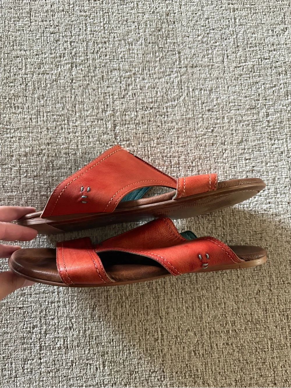 Women's Orange Leather Slide Sandals with Brown Footbed